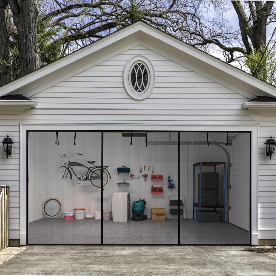 HBlife Garage Screen Doors for 2 Car Garage,17x8FT Fiberglass Magnetic Garage Door Screen, Hands Free Retractable Garage Net Screen Door Mesh with 6 Roll Up Starps and 30 Magnets for Patio, Gym, Porch (Triple Opening)