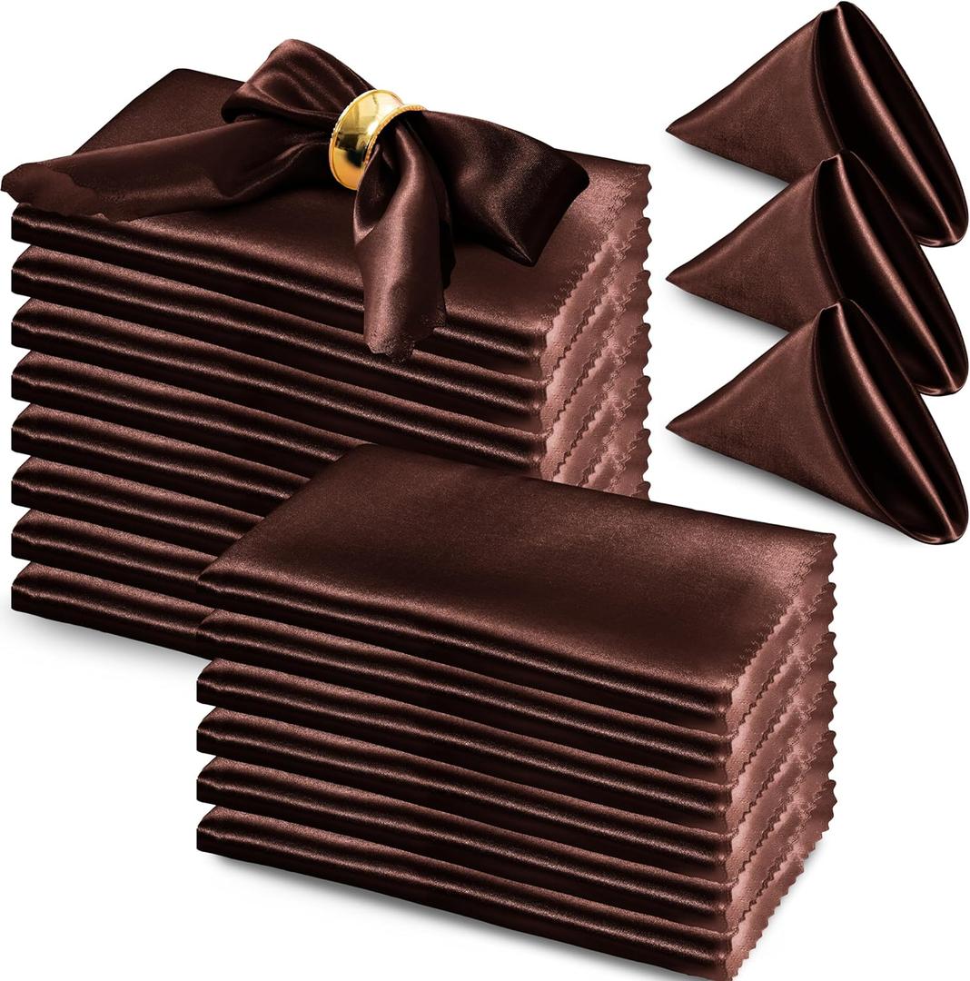 RUDONG M 72 Pack Chocolate Brown Satin Napkin, 17 x 17 Inch Square Cloth Napkins, Soft Fabric Napkin with Scalloped Edges, Reusable Washable Dinner Table Napkins for Wedding, Banquet, Party