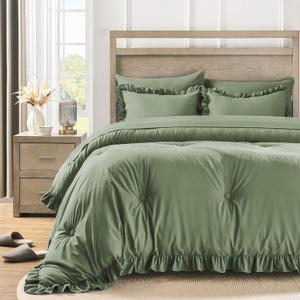 QUIETSEA Full Bed in a Bag 7 Pieces Full Size Comforter Set, Ruffle Shabby Chic Bedding Comforter Set Green Bed Set with Comforter, Pillowcases, Flat Sheet, Fitted Sheet and Pillow Shams