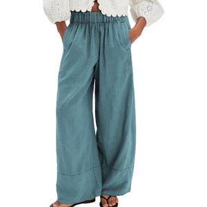SeeLuNa Linen Pants for Women Cotton Baggy Boho Casual Palazzo Pants Wide Leg Long Lounge Trousers with Pockets (L)