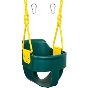 Premium High Back Full Bucket Toddler Swing Seat with Finger Grip, Plastic Coated Chains for Safety and Carabiners for Easy Install - Green - Squirrel Products