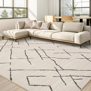 10x14 Washable Area Rug: Non Slip Soft Thin Carpet, Boho Geometric Modern Decor, Easy Clean Indoor Floor Large Rugs for Living Room Bedroom Kids Dorm Office Dining - Beige