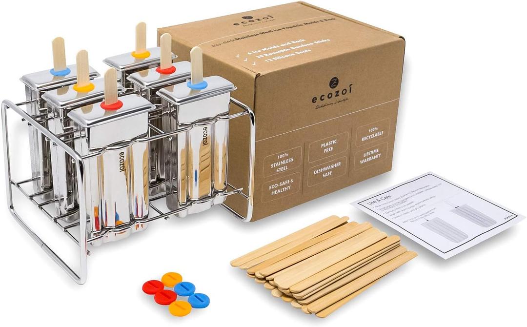 Ecozoi Stainless Steel Popsicle Molds and Rack - 6 Square Ice Pop Makers + 30 Reusable Bamboo Sticks + 12 Silicone Seals + 1 Cleaning Brush +1 Rack
