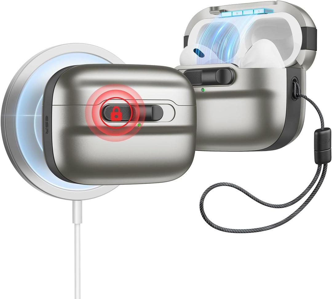 ESR for AirPods Pro Case (2023/2022/2019, 2nd/1st Gen), Compatible with Airpods Pro 2 (USB-C/Lightning Cable), MagSafe Ready, Magnetic Lid Lock, Full Drop Protection Cover with Lanyard, Titanium