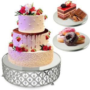 10" Inch Crystal Cake Stand – Mirrored Beaded Crystal Cake Pedestal Stand – Dessert Stand for Cupcakes, Muffins, Cake, Cheese – Elegant Dessert Table Display Set – Cake Base for Party, Wedding, Birthday