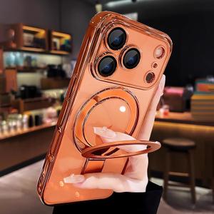 Clear for iPhone 17 Pro Case Magnetic Kickstand,Built-in Camera Lens Protector, Compatible with MagSafe, Case Cover for 17 Pro,Orange