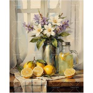 DecorFriday Still Life Paint by Numbers Kit for Adults - DIY Lemons and Flowers by Window Painting on Canvas, Acrylic Paint Set, Suitable for Beginners, Art for Home Decor or Gifts(16X20IN Framed)