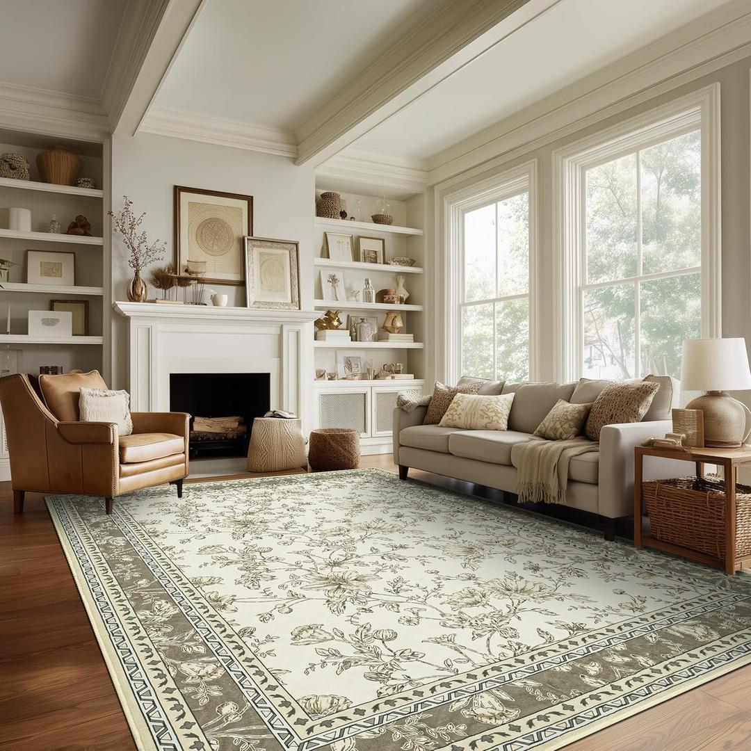 Neutral Beige Floral Area Rugs 6x9 Living Room, Taupe with Beige Tan Flower Design Low-Pile Washable Rugs for Bedroom Dining Room, Vintage Modern Farmhouse Boho Indoor Floor Carpet Kids Playroom