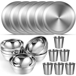 Sunnyray 6 Sets Stainless Steel Plates Bowls and Cups Metal Camping Stainless Steel Dinnerware for Serving Reusable Double Walled Insulated Plates Bowls and Cups for Rice Ice Cream