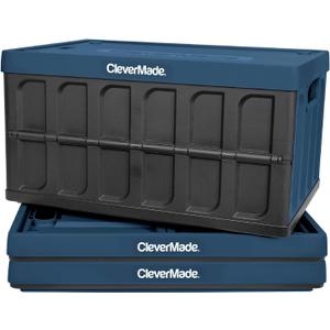 CleverMade Collapsible Storage Bins with Lids (62L, 3 Pack) Heavy Duty Foldable Plastic Storage Crates for Garage, Closet & Trunk Organization - Ocean