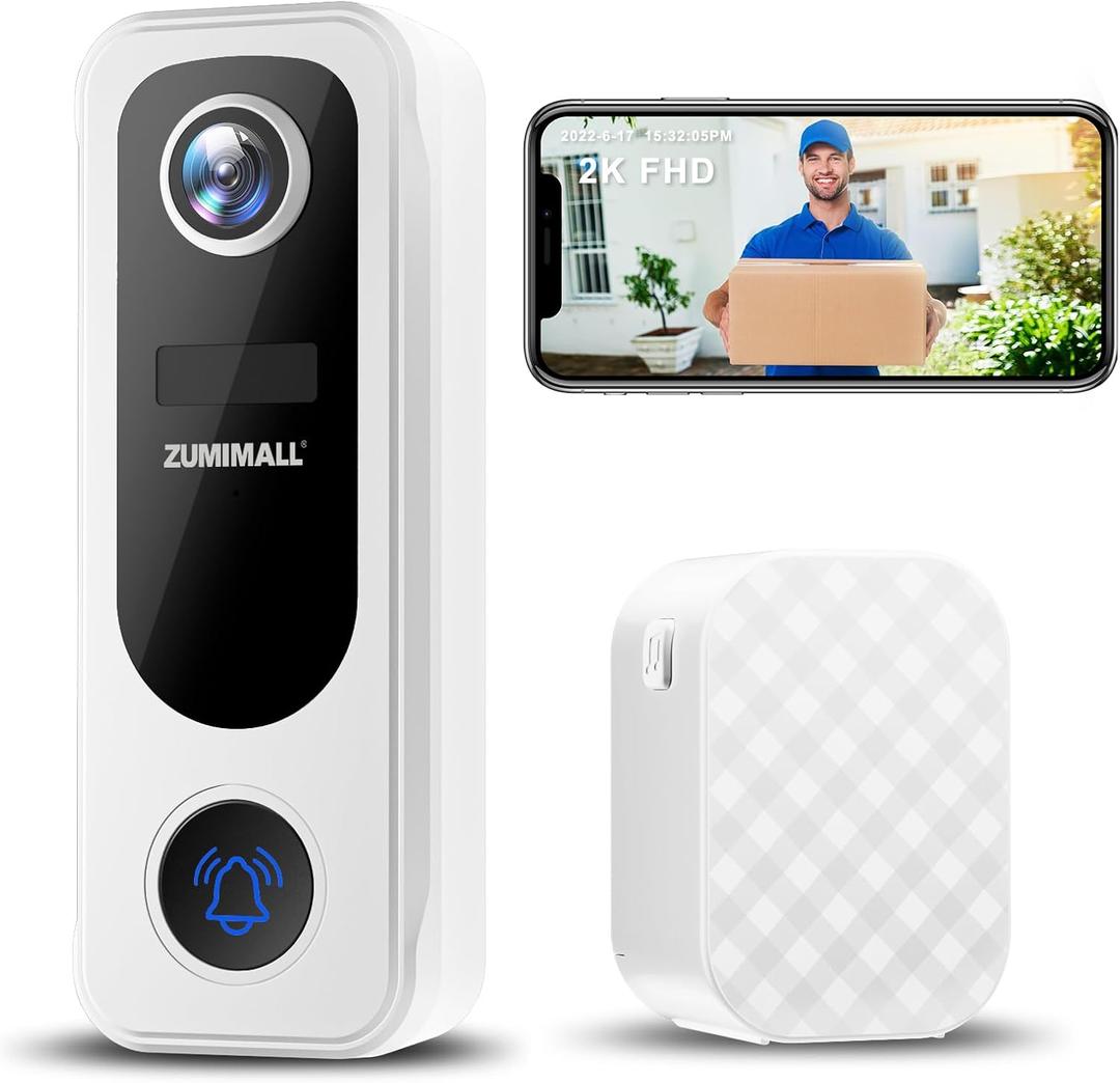 ZUMIMALL Doorbell Camera Wireless, Video Doorbell Wireless with Chime, 2 Way Audio, Voice Changer, 30s Voice Message, Anti-Theft, AI Detection, 2.4Ghz WiFi Only, Battery Powered, Work with Alexa,White