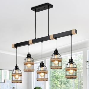 Senyshilon 5-Light Kitchen Island Lighting, Black Farmhouse Chandeliers for Dining Room Light Fixture/Chandelier Over Table, Rustic Rattan Pendant Lighting for Kitchen Island Living Room Restaurant