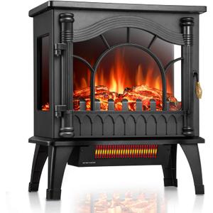 ZAFRO Freestanding Electric Fireplace Stove with Realistic Flame, 5100 BTU Electric Fireplace Heater with Retro Design, 1000W/1500W, Dual Safety Protection for Living Room, Bedroom