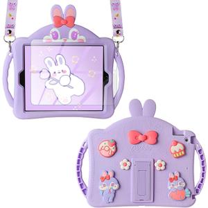 WESADN for iPad 9th Generation Case iPad 8th 7th Generation Cases 10.2 inch for Kids Girls with Screen Protector Shoulder Strap Kickstand Cute Rabbit Silicone Cover for iPad 10.2 Case Purple