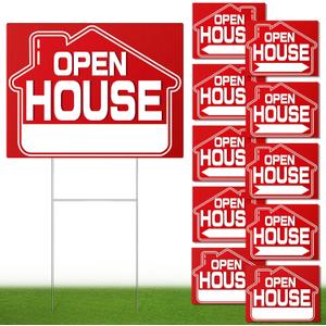 Open House Real Estate Signs (10 Pack), 16" x 12" Double-Sided Yard Signs with Metal H Stakes, Weather-Proof