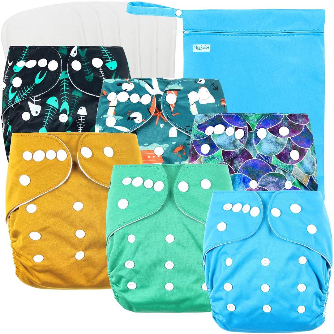 Leekalos Cloth Diapers Reusable for Boys and Girls, Baby Diaper Cloth with Inserts & Wet Bag, One Size (Fish)