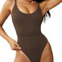ZAFUL Women's One Piece Swimsuit Lace Up Tie Back Bathing Suits Ribbed Fully Lined Tummy Control Scoop Neck Padded Swimwear (Deep Coffee), L