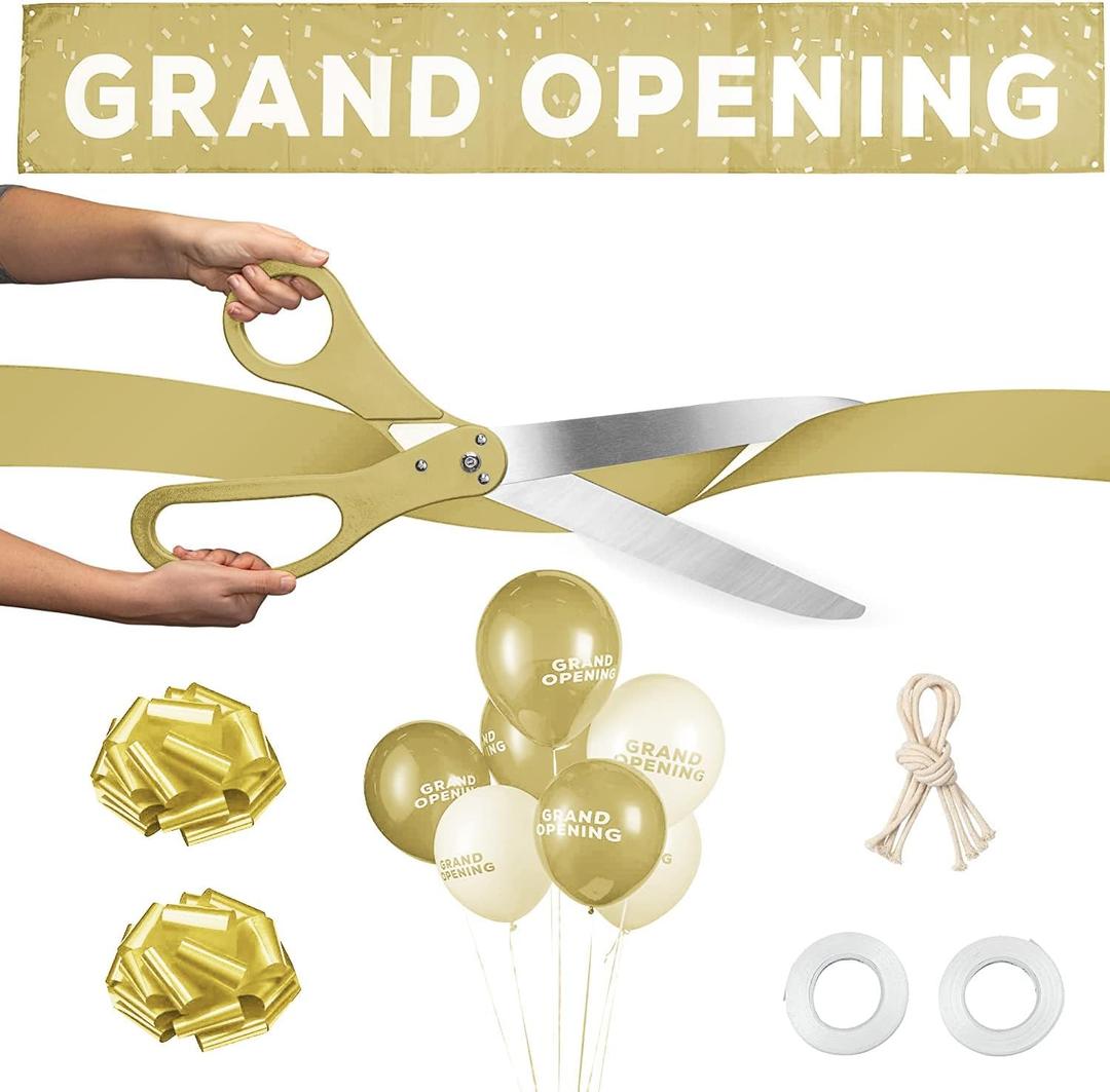 Deluxe Grand Opening Ribbon Cutting Ceremony Kit - 25" Giant Scissors with Gold Satin Ribbon, Banner, Bows, Balloons & More Deluxe Grand Opening Ribbon Cutting Ceremony Kit - 25" Giant Scissors with Gold Satin Ribbon, Banner, Bows, Balloons & More