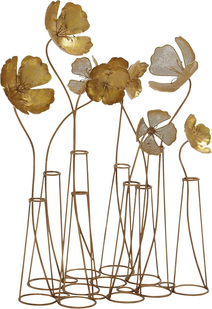Deco 79 Metal Floral Decorative Sculpture Home Decor Statue with Wire Vases and Mesh Netting Detail, Accent Figurine 16" x 9" x 21", Gold, 16" by 21"