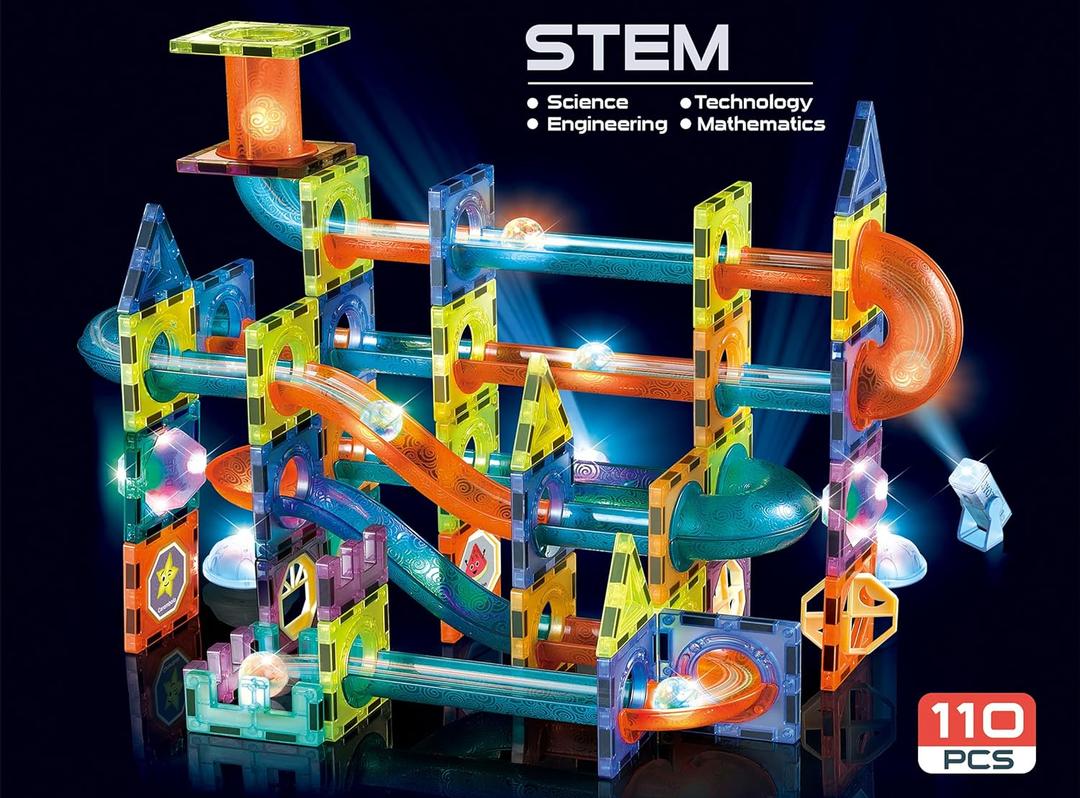 UNIQUE KIDS Magnetic Tiles Building Blocks with Marble Run STEM Toys STEAM Toys for Kids Ages 3-10+Year Old Boys Girls Best Christmas Birthday Gift (110 pcs)