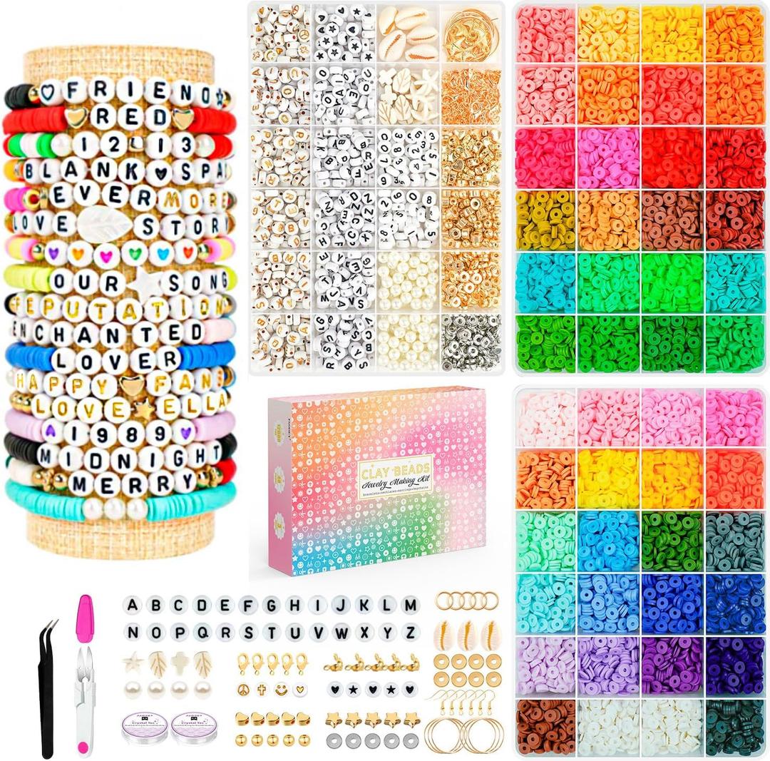 Friendship Bracelet Kit, 14,000pcs 48 Colors Bracelet Making Kit Clay Beads with Number Letter Bead Set Concert Merch Arts and Crafts Gifts for Kids Teen Girls Jewelry Making Supplies Bracelet Maker1