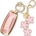 Pink TPU Key Fob Cover with Plum Blossom Keychain Compatible with Nissan Pathfinder 2023-2025,Rogue 2023-2025,Kicks 2023-2025,Sentra 2023-2025 5-Button Smart Key for Women