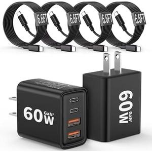 2 Pack USB C Charger Block 60W, 4-Port GaN5 Super Fast Phone Charger, Type C Charging Block PD 20W & QC 20W with 6.6FT USB C Cable for iPhone17 Air/17/16/15Pro Max Samsung Galaxy S24