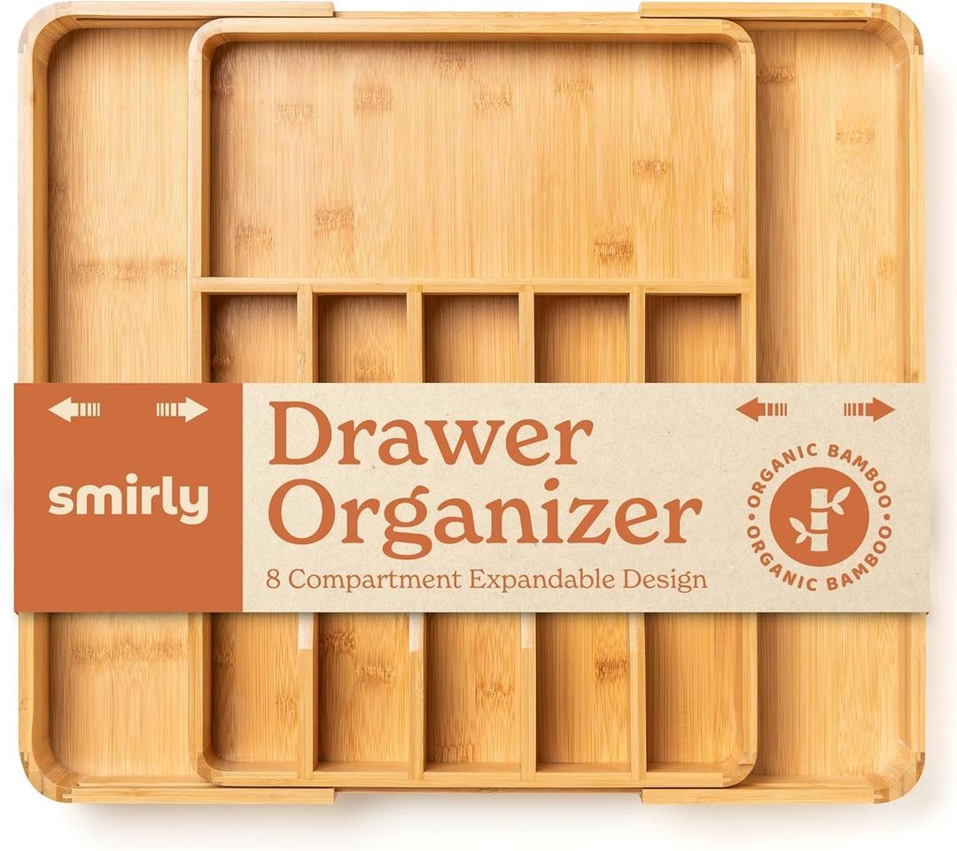 SMIRLY Silverware Drawer Organizer  Bamboo Kitchen Drawer Organizer, Adjustable Utensil Holder and Cutlery Tray, Drawer Dividers for Flatware and Kitchen Utensils (8 Slot, Natural)