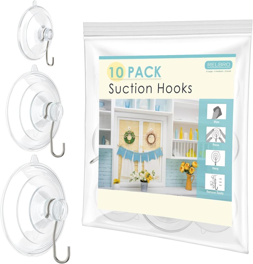 RELBRO Suction Cup Hooks, Multi Size Suction Cups with Metal Hooks, Removable and Reusable, 4 Large, 4 Medium, 2 Small, Clear, 10 Pcs