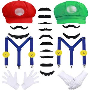 Bros Mary & Luigi Hat Costume Mustaches Gloves Buttons for Halloween Costume Cosplay