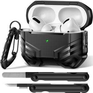 MOBOSI for AirPods Pro 2 Case with Lock, Compatible with AirPod 2nd Gen Cover [Fit for MagSafe], Military Grade Hard Shell for iPods Pro2 with Cleaner Kit & Keychain for Men(2023), Bright Black