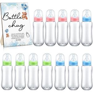 Roowest Bottle Chug Baby Shower Game Favors 12 Pcs Baby Bottles Shower Favor with 1 Wooden Sign for Gender Reveal Party Supplies Gifts(Bear)