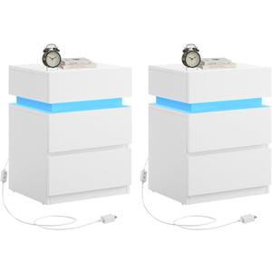 VASAGLE Nightstands with LED Lights, Set of 2, Adjustable Light Colors, Bedside Tables, Side Tables with 3 Drawers, Modern Style, 13.8 x 15.7 x 21.7 Inches, Cloud White ULET799T12, 2 PACK