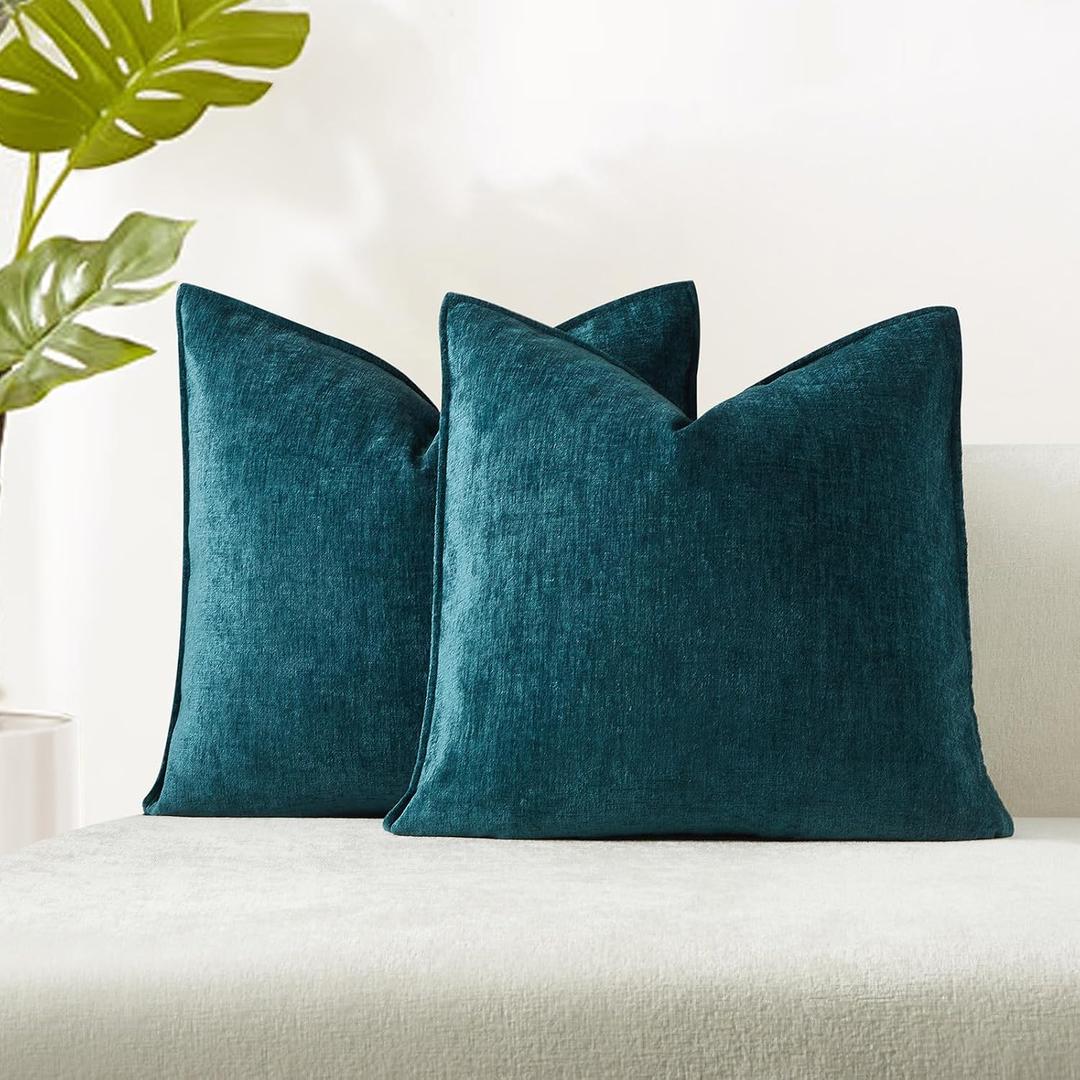 JUSPURBET 18x18 Throw Pillow Covers Set of 2 Decorative Pillow Covers for Couch Sofa Bed Cozy Chenille Cushion Covers Cases with Invisible Zipper for Living Room Home Decor,Peacock Blue