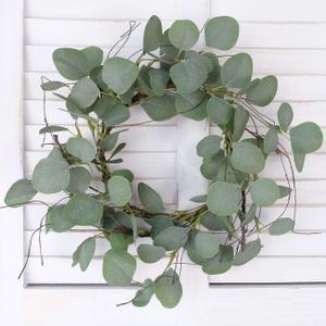 Eucalyptus Leaf Wreath Metal Polyester Paper Round Green Wreath 24" for Front Door Outdoor Decor