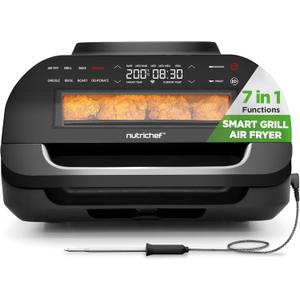 NutriChef Indoor Smokeless Grill | Smart Grill & Air Fryer with 7 Cooking Functions | 6L Capacity | Includes Smart Thermometer | Precise Temperature Control | Non-Stick Removable Grill Plates