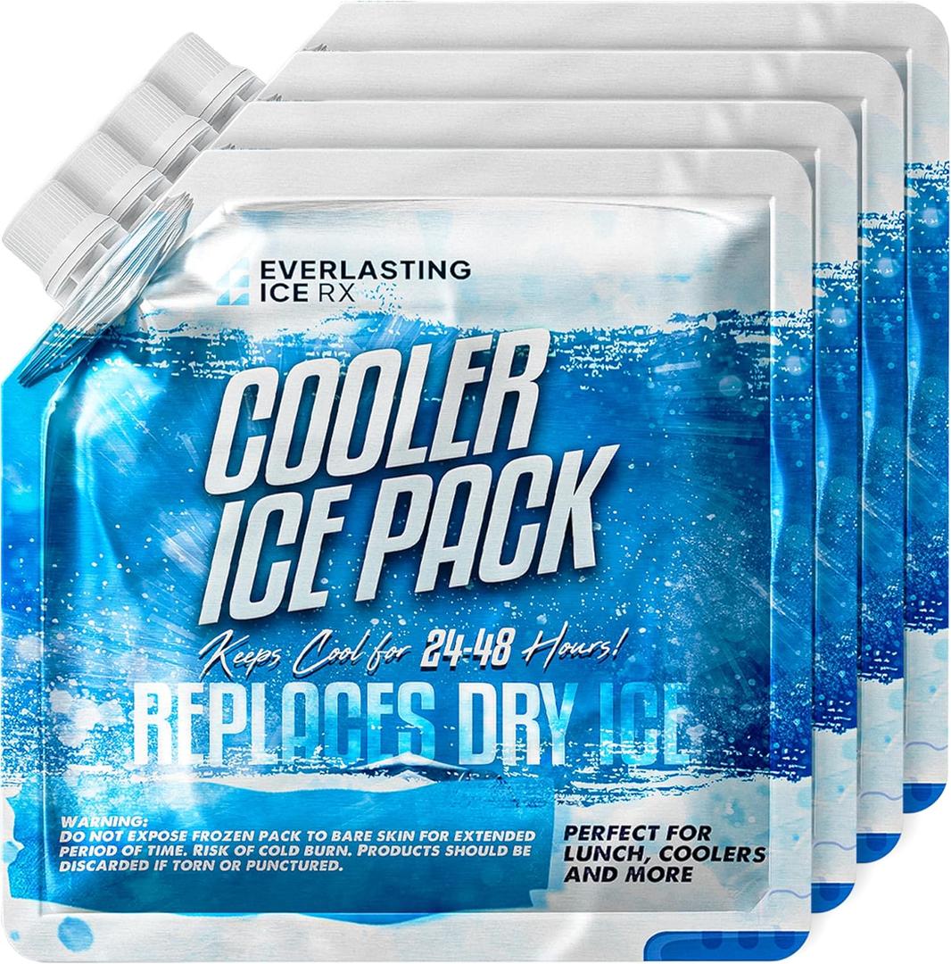 Everlasting Ice RX Reusable Ice Packs for Cooler (4 Pack) Up to 48 Hours Freezer Packs for Coolers and Lunch Boxes | 10 x 10 in | Cooler Ice Packs for Camping, Fishing, Beach, Road Trips