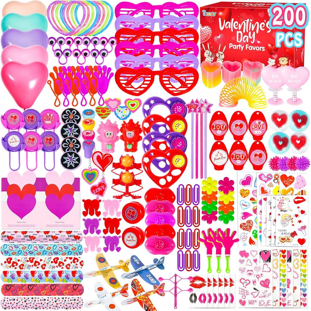 200pcs Valentines Party Favors Toys Assortment, Valentines Day Gifts for Kids as Valentine Classroom Prizes Rewards Bulk Goodie Bag Stuffers Birthday Party Supplies(Valentines)