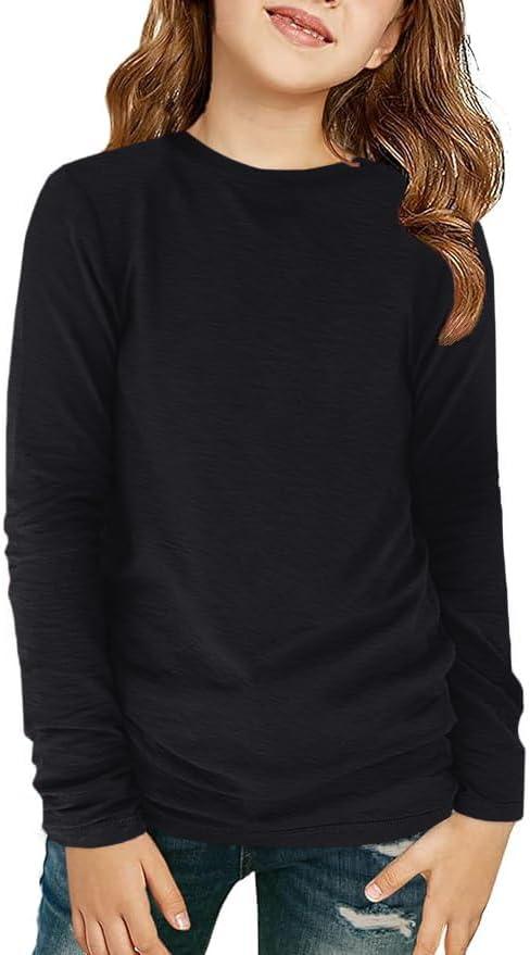 ZDC Girls Long Sleeve T Shirts Kids Crewneck Fall Winter Tops Basic Tees 5-14 Years (Black)