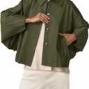 Cicy Bell Womens Cropped Jacket Lightweight Batwing Sleeve Trendy Casual Short Trench Coats Button Up Outerwear (Green)