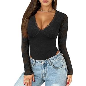 Saslax Women's Lace Bodysuit Sexy Deep V Neck Long Sleeve Body Suits Thong Slim Fit Double Lined Y2K Going Out Tops S
