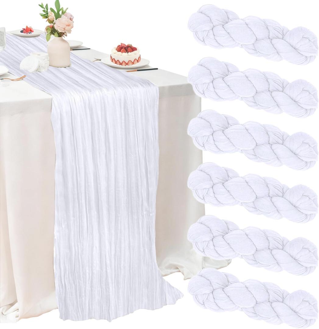 6 Pack White Cheesecloth Table Runner 22x120 Inch | 10Ft Boho Gauze Rustic Sheer Decor for Wedding Birthday Baby Shower Party Centerpiece Home Dining Table