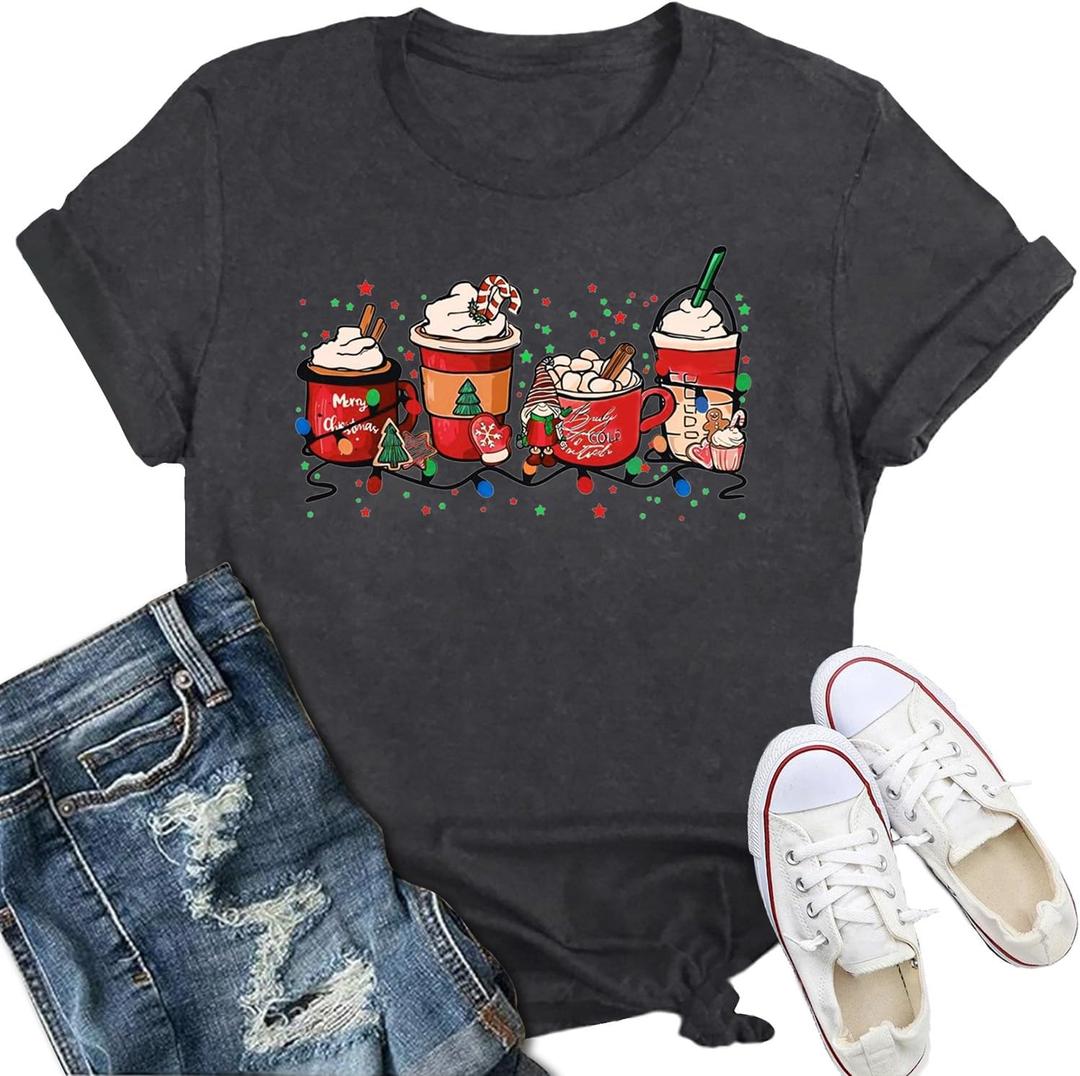 Women Merry Christmas Shirt Xmas Holiday T-Shirt Christmas Tree Cake Shirt (Large, Grey5)