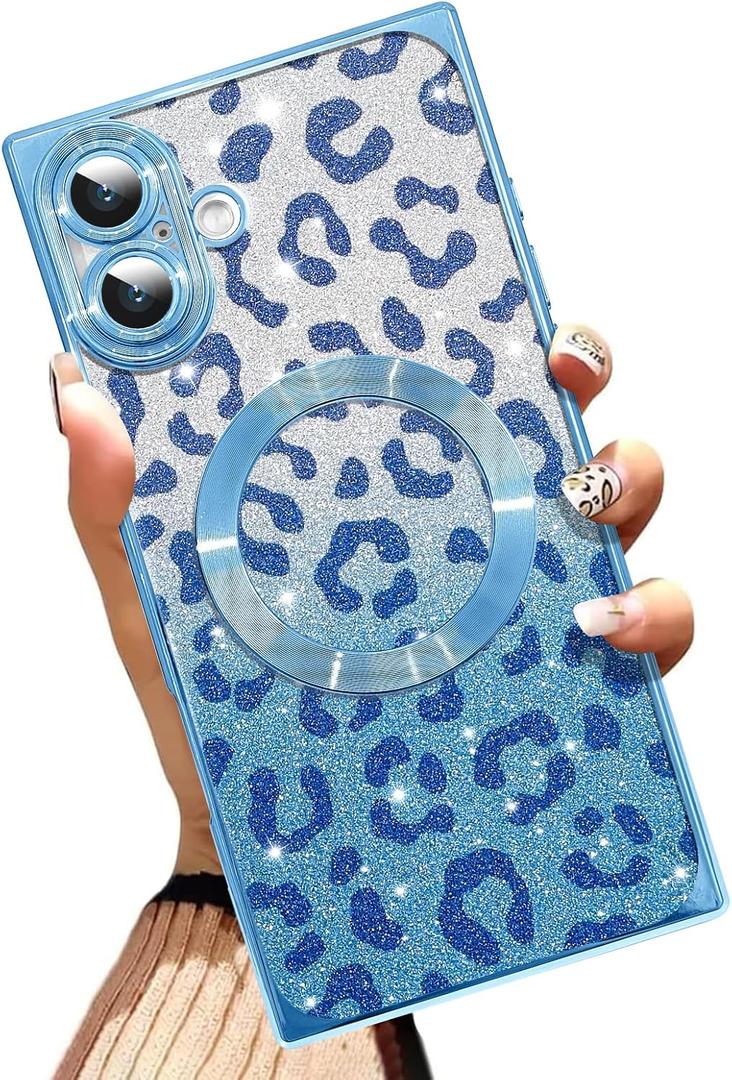 AIGOMARA Phone Case for iPhone 16 [Compatible with MagSafe] Leopard Print Design Glitter Bling Case Shockproof Scratch-Resistant Soft TPU Cover for Women - Blue