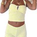 MakeMeChic Women's Summer 2 Piece Sets Striped Knit Halter Tank Tops Mini Shorts Set Beach Vacation Outfits (Large, Yellow White)