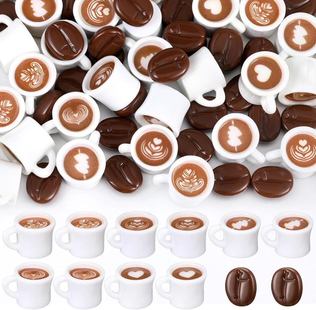 Soaoo 100 Pcs Coffee Cups and Beans Mini Resin Figurine Miniature Statues Things Mini Coffee Mug Drink Charms for DIY Jewelry Necklace Earring Bracelet Keychain Craft Decor