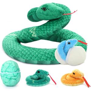 Muiteiur Giant 6 Piece Snake Stuffed Animal, 55 inch Mommy Snake with 3 Baby&2 Egg, Green Large Jungle Plush Toy, Realistic Serpent Plush Toy Gift for Kids Girls Boys