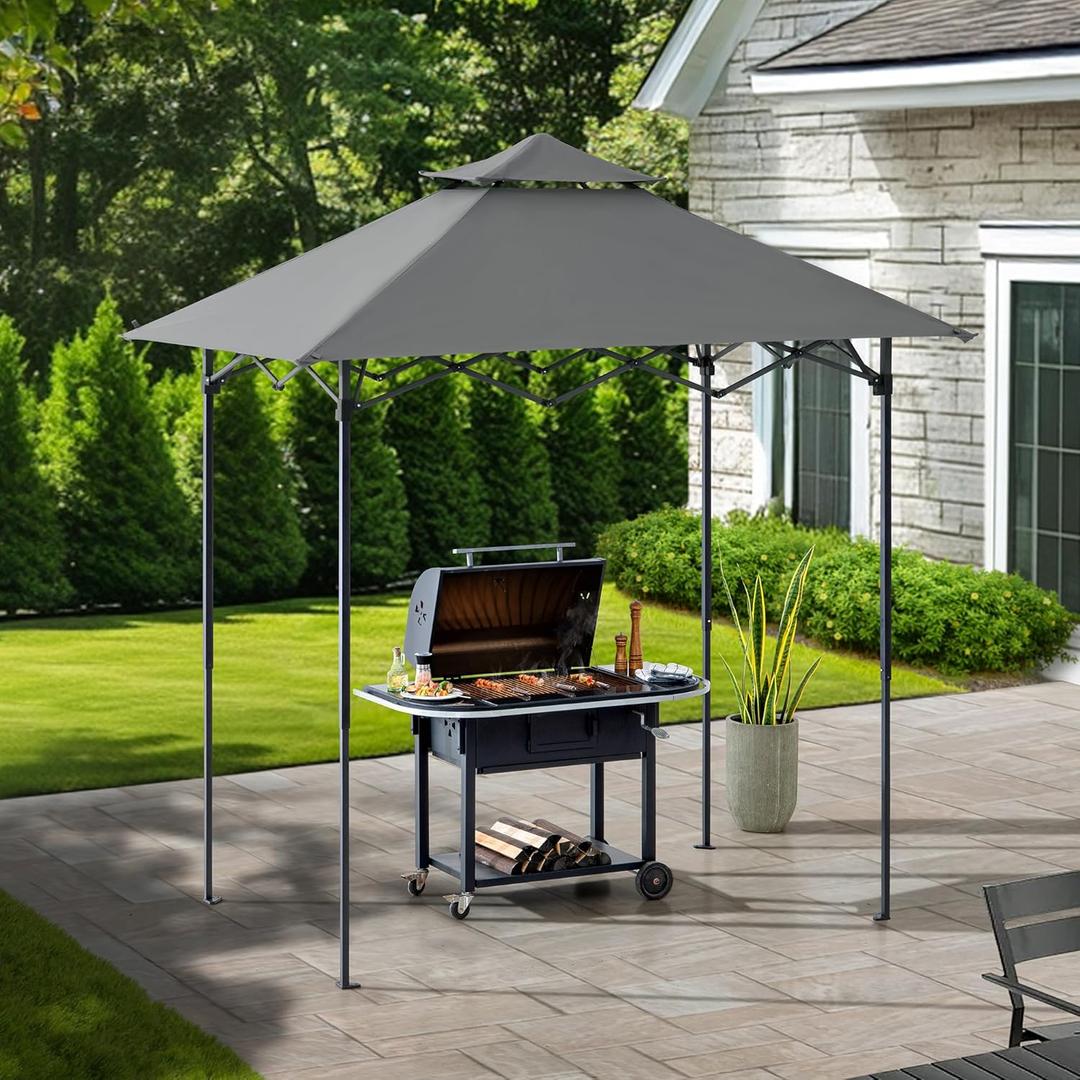 SUNJOY 8 x 5 ft. Grill Gazebo Pop Up Double Tiered Outdoor Gazebo Standing-Height Canopy with Magnetic LED Light, Adjustable Ceiling Height, for BBQ,Picnics, Outdoor Events, Gray