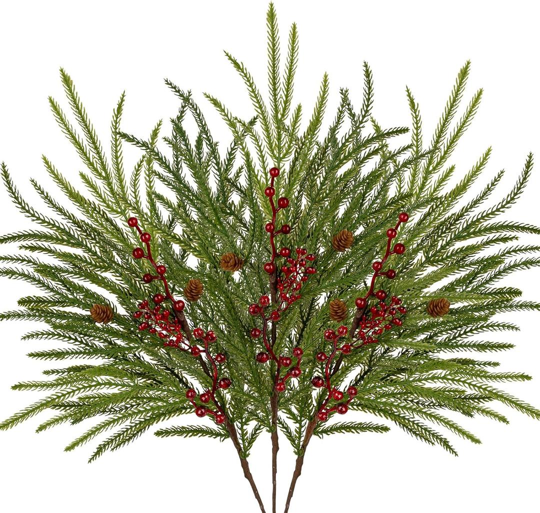 Artificial Christmas Norfolk Pine Branches - 3 Pcs 27.5" Real Touch Faux Greenery Stems with Red Berry Pine Cones Picks for Vases Xmas Tree DIY Craft Wreaths Garland Holiday Outdoor Indoor Decor