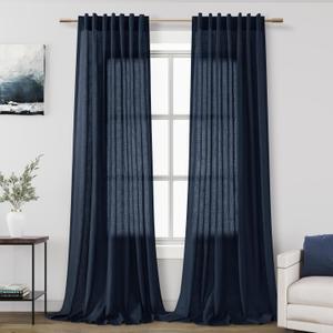 Navy Blue Linen Curtains 96 inches Long for Bedroom Back Tab Light Filtering Privacy Sheer Blue Curtains Boho Farmhouse Nautical Decor Indigo Blue Cotton Textured Draperies 2 Panel Set 52x96